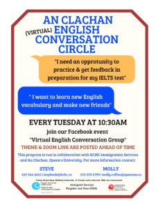 Poster: English Conversation Circle with KCHC Tuesdays at 10:30 on Zoom. Join AC Conversation Circle Facebook group for links & updates.