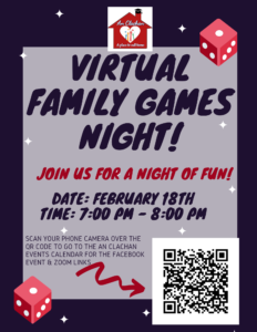 Virtual Family Games Night poster - February 18 at 7pm - link to Facebook event